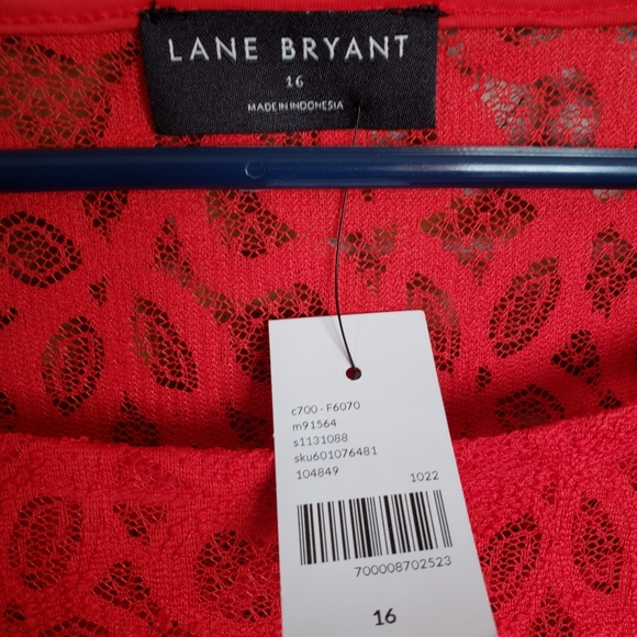 LANE BRYANT Red Long sleeve Allover Lace Peplum Waist Top w/ Camisole Sz 16 - Picture 3 of 5